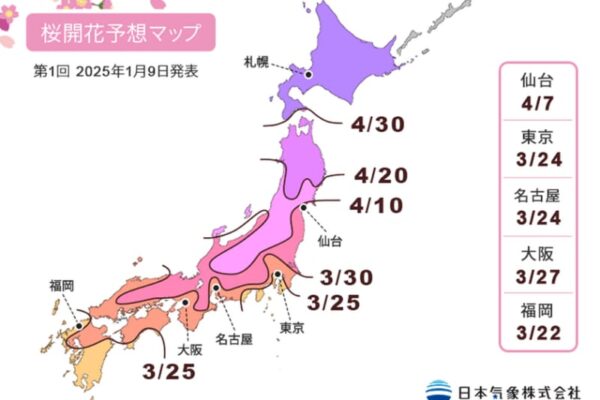 2025年「第1回桜の開花・満開予想」を発表　開花一番乗りは高知・福岡・鹿児島の3月22日開花　全国的に平年並みの開花で、東京は3月24日開花の見込み