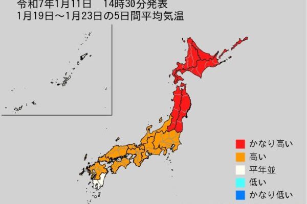 北日本1月17日頃から「かなり高くなる見込み」関東甲信・北陸は20日頃から「かなり高くなる可能性」気象庁・2週間気温予想